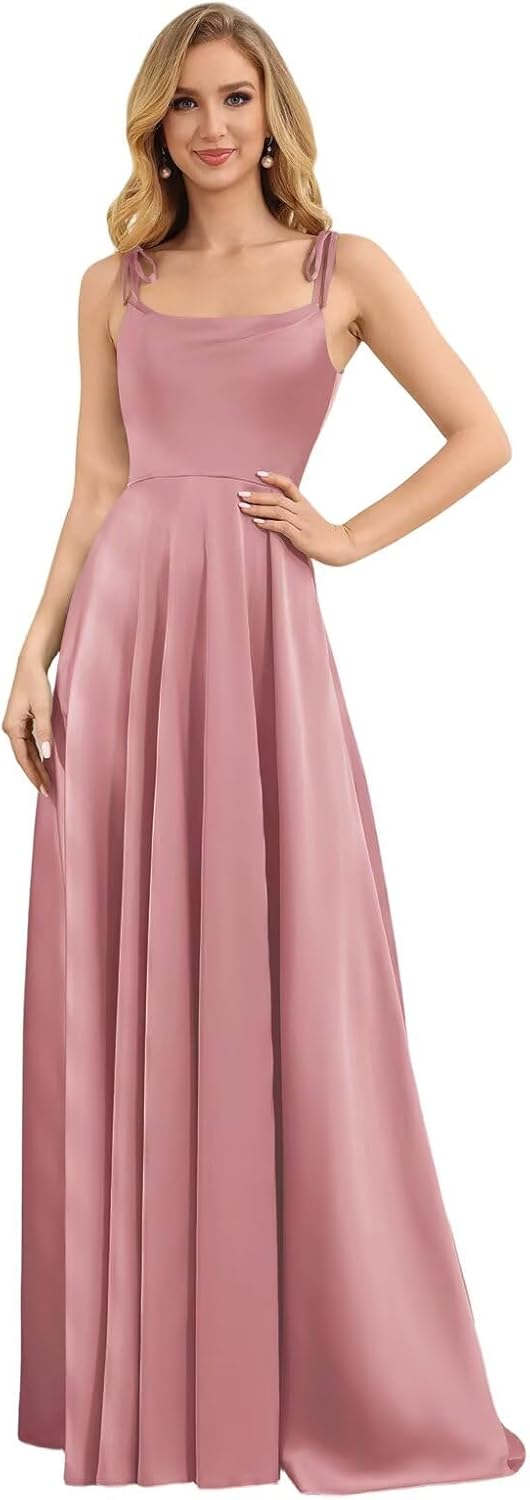 Spaghetti Straps Satin Bridesmaid Dresses for Women 2026 Long Formal Wedding Guest Gowns with Slit