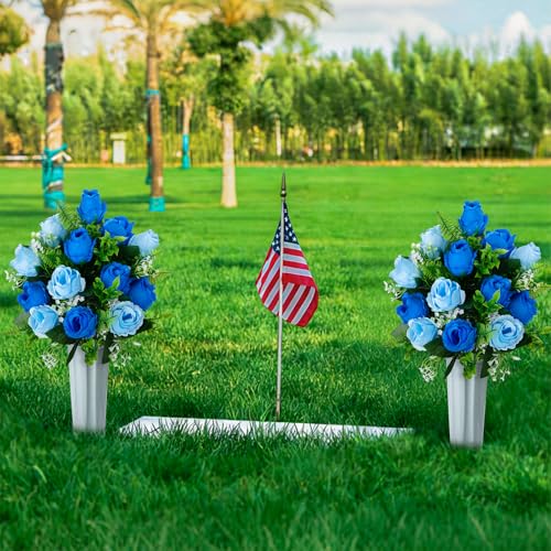 Artificial Cemetery Flowers for Grave Decorations, Memorial Roses Flowers Bouquet with Vase for Cemetery Headstones Decoration, 2 Sets (Dark Blue&Light Blue) image 2
