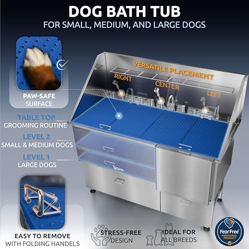 Image of KANIS Professional Dog Washing Station 304 Stainless Steel Pet Wash Sink & Grooming Bathtub w /Shower, Floor Grates and Storage for Large, Medium & Small Pets (Silver, 61 Inches, Right Ramp, 2 Drawers)