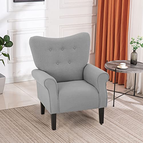 Mellcom Mid Century Wingback Arm Chair,Modern Upholstered Fabric High Back Accent Chair With Wood Legs,Upholstered Single Sofa Club Chair For Living Room, Bedroom, Home Office, Gray #TOP6