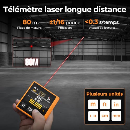 CIGMAN CD80 Télémètre Laser 3-en-1 80m, Mètre Ruban Laser Numérique avec Écran LCD Rétroéclairé | Batterie 1000mAh, Inclinomètre, USB Type-C, Mesure Multi-Mode & Unité
