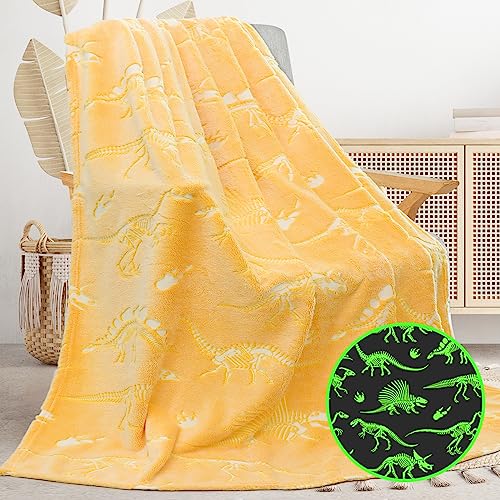 Image of Gitrat Glow in The Dark Blanket Dinosaur Throw Blanket for Boys Kids Cute Dino Blanket Unique Christmas Toys Gifts Gray Glowing Dinosaur Room Decor Blankets for Girls Teens