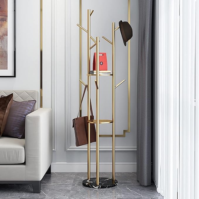 Clefairy Metal Gold Coat Racks Freestanding, Coat Hanger Stand, Hall Tree Coat Rack for Hanging Hats, Scarves, Bags, Modern Coat Rack with Double Shelves, Corner Coat Rack, 9 Hooks(Gold)