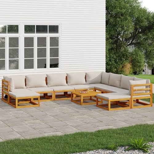 SECOLI Juego de muebles de jardín de madera con cojines gris claro de 11 piezas de 30 piezas para jardín, muebles de balcón, muebles de madera, muebles de jardín, salón de jardín, sofá exterior