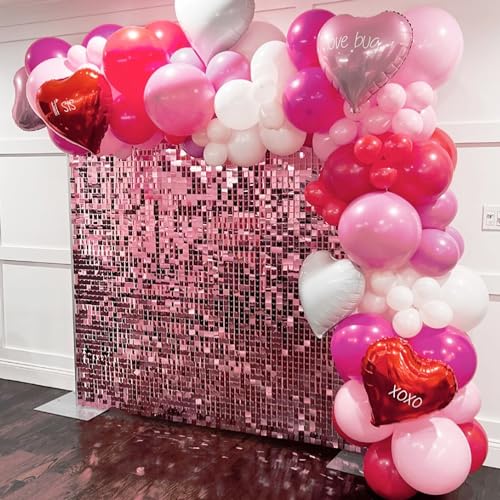 Image of COKAOBE Pink Shimmer Wall Backdrop, 24PCS Square Sequin Shimmer Backdrop Panel, Photo Backdrops for Birthday, Anniversary, Wedding, Graduation & Bachelorette Party Decoration