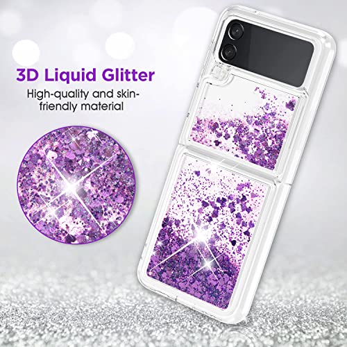 Anshow For Samsung Z Flip 4 Case Glitter, Shockproof Clear Tpu Liquid Glitter Case, Bling Purple Glitters Case For Samsung Z Flip 4 For Women Protective Cover #TOP1