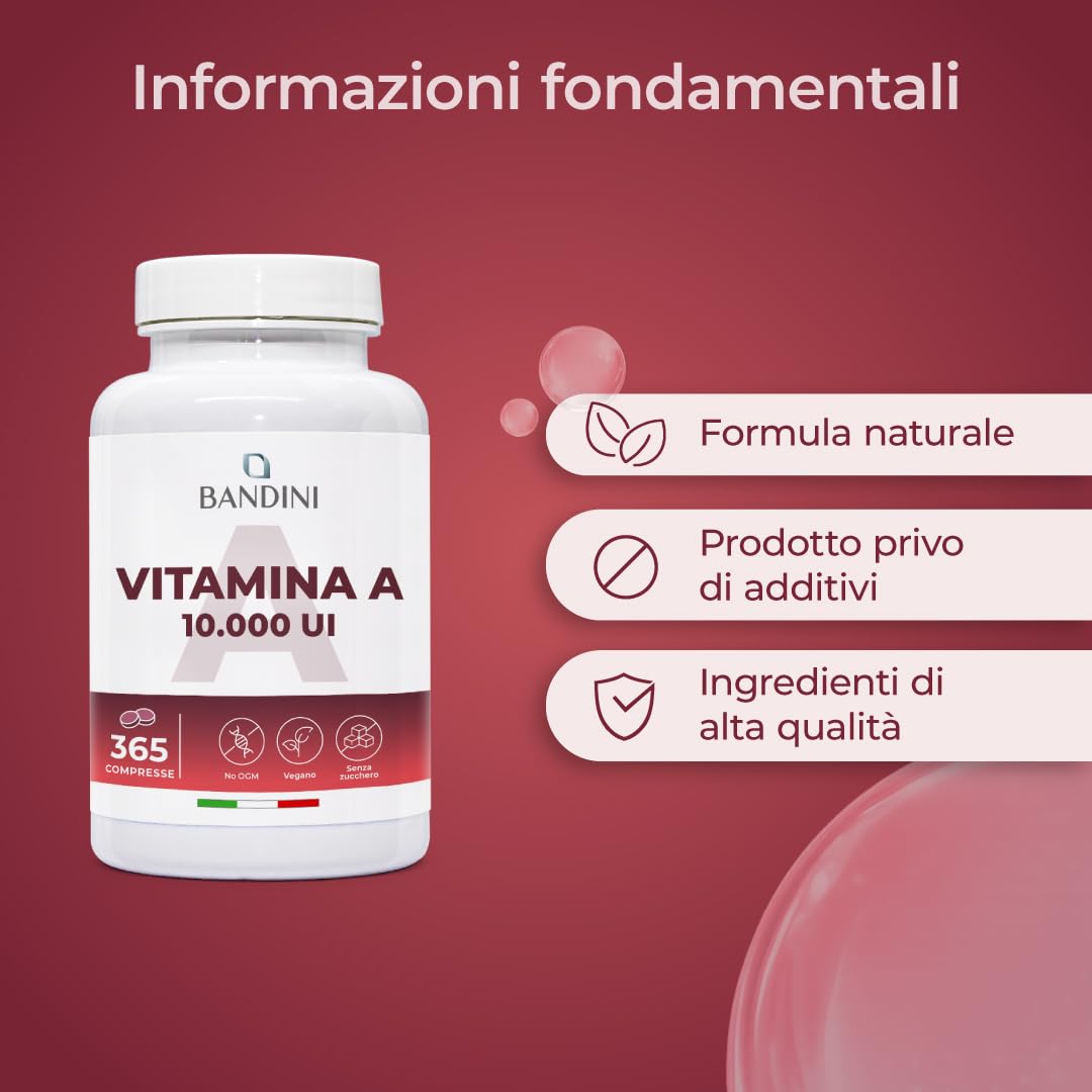 Bandini® Vitamina A Pura, 365 Microcompresse Vegane (1+ Anno di fornitura), Contribuisce al Mantenimento di Pelle e Vista Normali, Acetato di Retinile, Alternativa a Vitamina A Gocce, No OGM