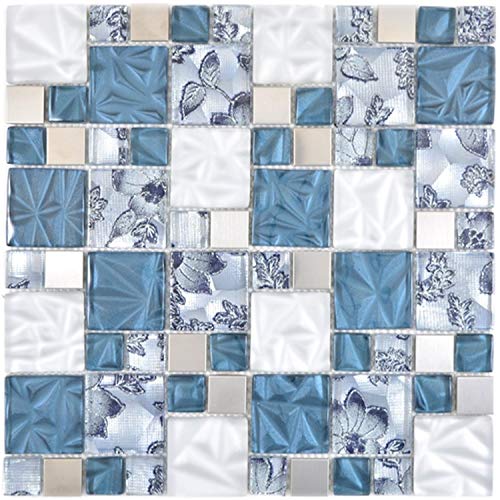 Mosaik Fliese Kombination Crystal/Stahl mix grau/blau für WAND BAD WC KÜCHE FLIESENSPIEGEL THEKENVERKLEIDUNG BADEWANNENVERKLEIDUNG | 10 Mosaikmatten