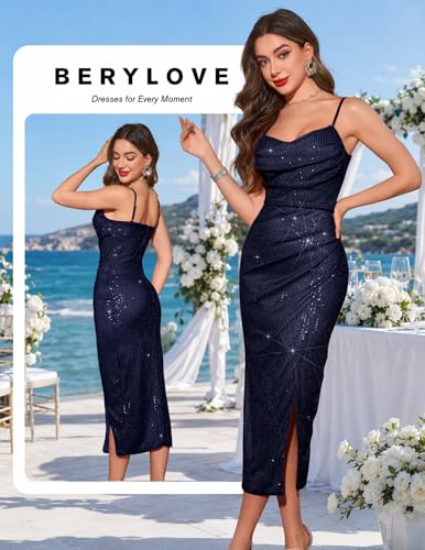 Image of BeryLove Summer Sequin Cocktail Prom Wedding Guest Dresses Sparkly Party Evening Formal Spaghetti Strap Dress