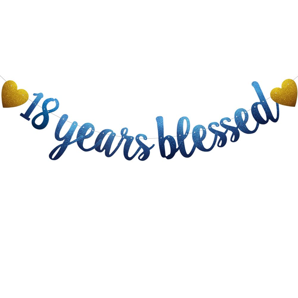 18 Years Blessed Banner,Pre-Strung,Blue Glitter Paper Garlands for 18th Birthday / Wedding Anniversary Party Decorations Supplies,No Amssembly