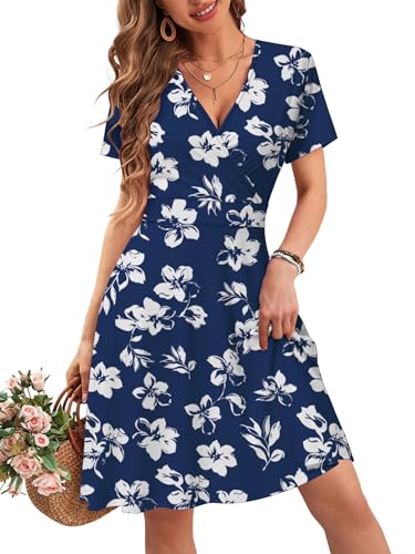 Image of MSBASIC Womens Summer Wrap V Neck Casual Dresses Floral Short Sleeve A-Line Midi Sundress