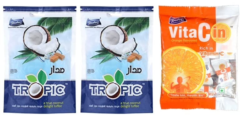 Derby Combo Pack of Delightful Tropic Coconut Toffees (Pack of 2, each pkt 50pieces) & VitaCin Poly (Pack of 1) 100pieces / Suitable for Men, Women & Children / Enriched with Vitamin C / Gift Pack / 700Gms (B09RH6G632) Amazon Price History, Amazon Price Tracker