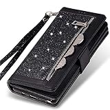 Kudex Galaxy Note 8 Wallet Case for Women,Bling Glitter Flip Leather Zipper Money Pocket Wallet Purse Case [Kickstand] with 9 Cards Holder Magnetic Closure&Strap for Samsung Galaxy Note 8 (Black)