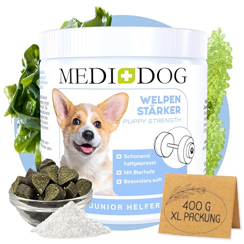 MEDIDOG Welpenstärker – 400g – 13in1 für Welpen und Junge Hunde – für die Wachstumsphase, mit Bierhefe, Calcium, Kollagen, Spirulina, Chlorella, Algenöl UVM.- kaltgepresst & getreidefreie Rezeptur