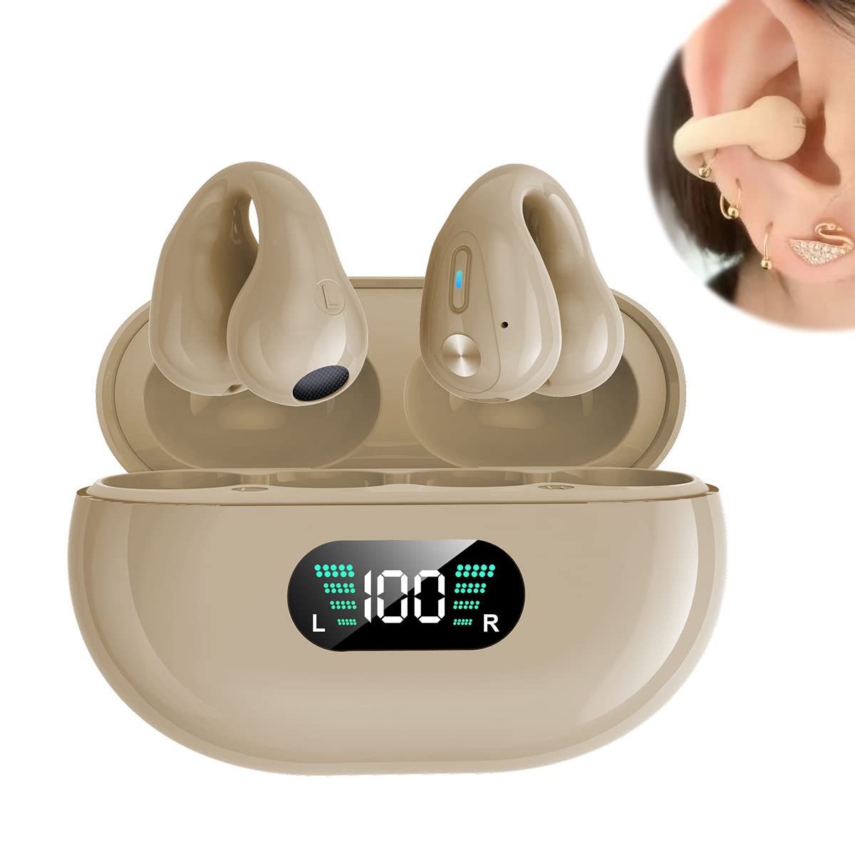 Bezprzewodowe słuchawki douszne z klipsem do przewodzenia kostnego, otwarte nauszniki, Bluetooth 5.3, mini klips na słuchawki sportowe, bezbolesne, bezprzewodowe słuchawki Bluetooth, do biegania, jazdy samochodem, treningu, wyświetlacz baterii LED, khaki