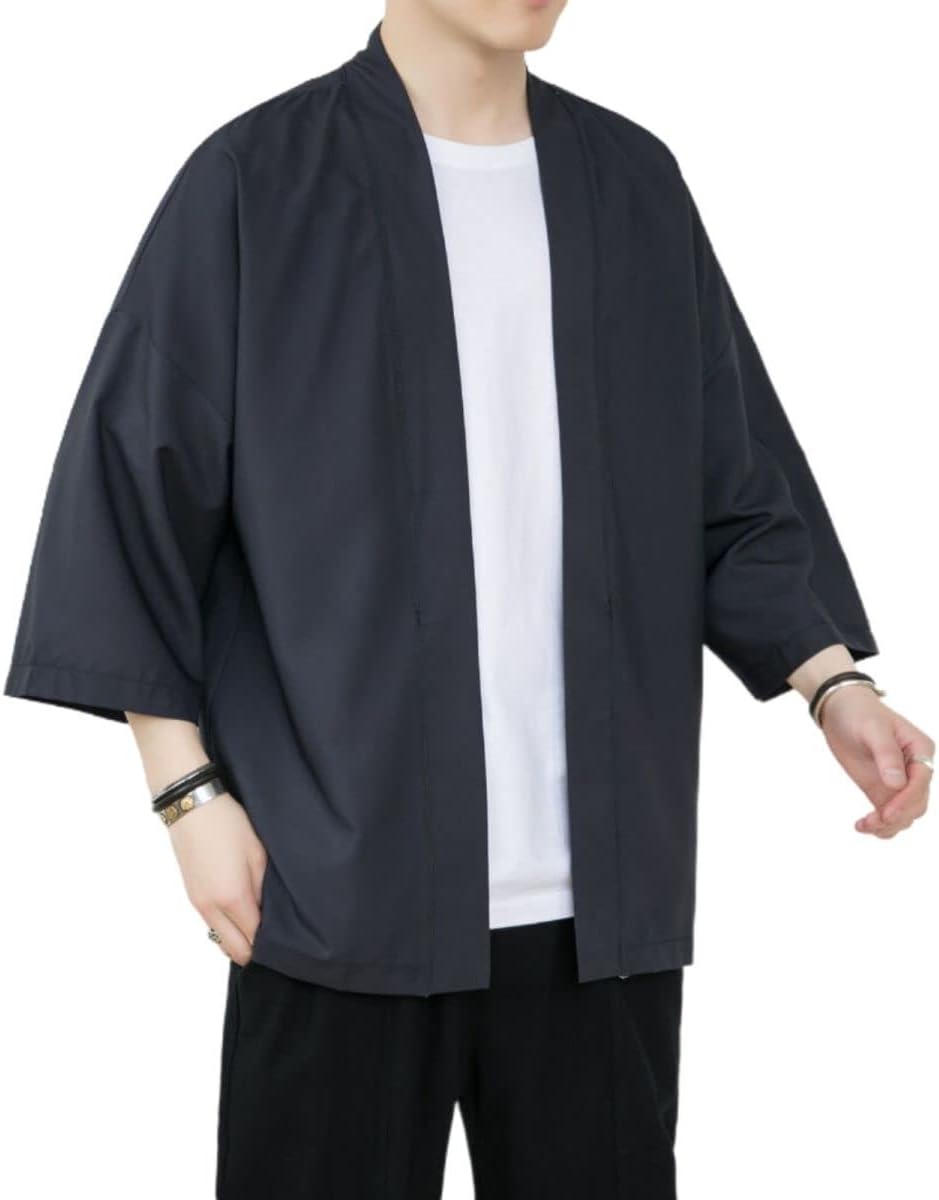 Men's Japanese Haori Jacket Kimono Noragi Cardigan 3/4 Sleeve Casual Happi Coat