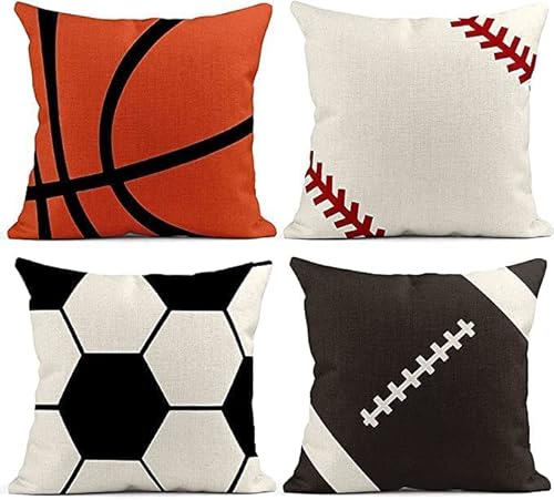 FIGMAN Ball Throw Pillow Cover Set of 4，18 x 18 Inch Ball Stitches Linen Decorative Pillow Cases Soccer Baseball Football Decor Pillowcases (18x18 Inch)