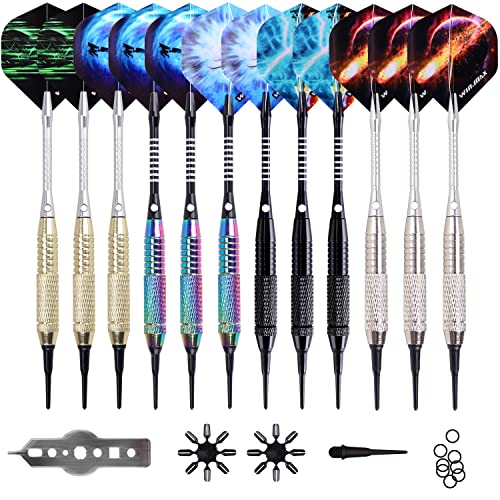 WIN.MAX Darts Plastic Tip - Soft Tip Darts Set - 12 Pcs 18 Gram with 100 Extra Dart Tips 12 Flights Flight Protectors and Wrench for Electronic Dart Board golden+silver+black+rainbow