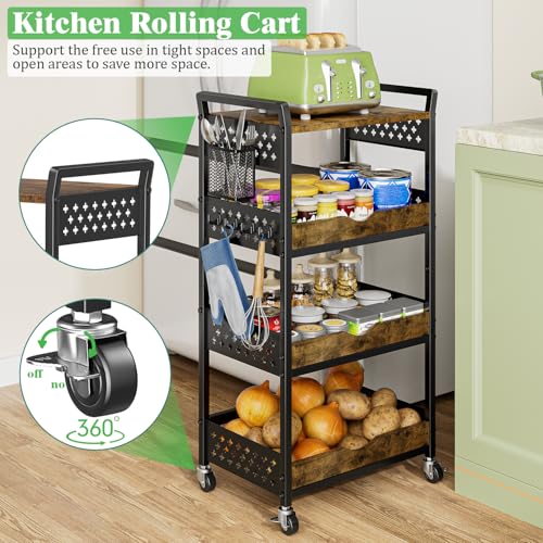MJIMKE 4-Tier Utility Rolling Cart with Wheels - Kitchen Organizations and Storage Metal Cart, Detachable Fruits Coffee Snacks Art Craft Storage Cart for Bathroom, Pantry & Laundry, Black — view 3