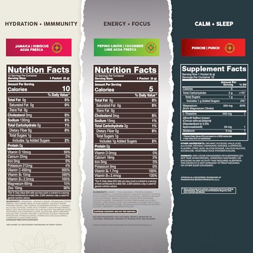 Salud Variety 3-Pack | 2-in-1 Calm + Sleep (Punch), Hydration + Immunity (Hibiscus) & Energy + Focus (Cucumber Lime) - 15 Servings Each, Drink Mix, Non-GMO, Gluten Free, Low Calorie, 1g of Sugar