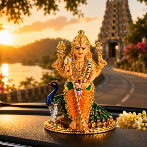 Image of Murugan Statue for Car Dashboard | Premium Hand-Painted Vel & Peacock Design | Murugan Car Dashboard Idol for Car, Office, Housewarming & Return Gifts | Multicolor