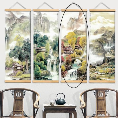 KARLOR Chinesische Malerei mit Holzrahmen, Rollbild Landschaftsmalerei Wanddekoration Kunstrolle Leinwand Gemälde Tintenstrahldruck Wand Dekoration Kunstwandrolle Herbst Stil 20 x 60 cm