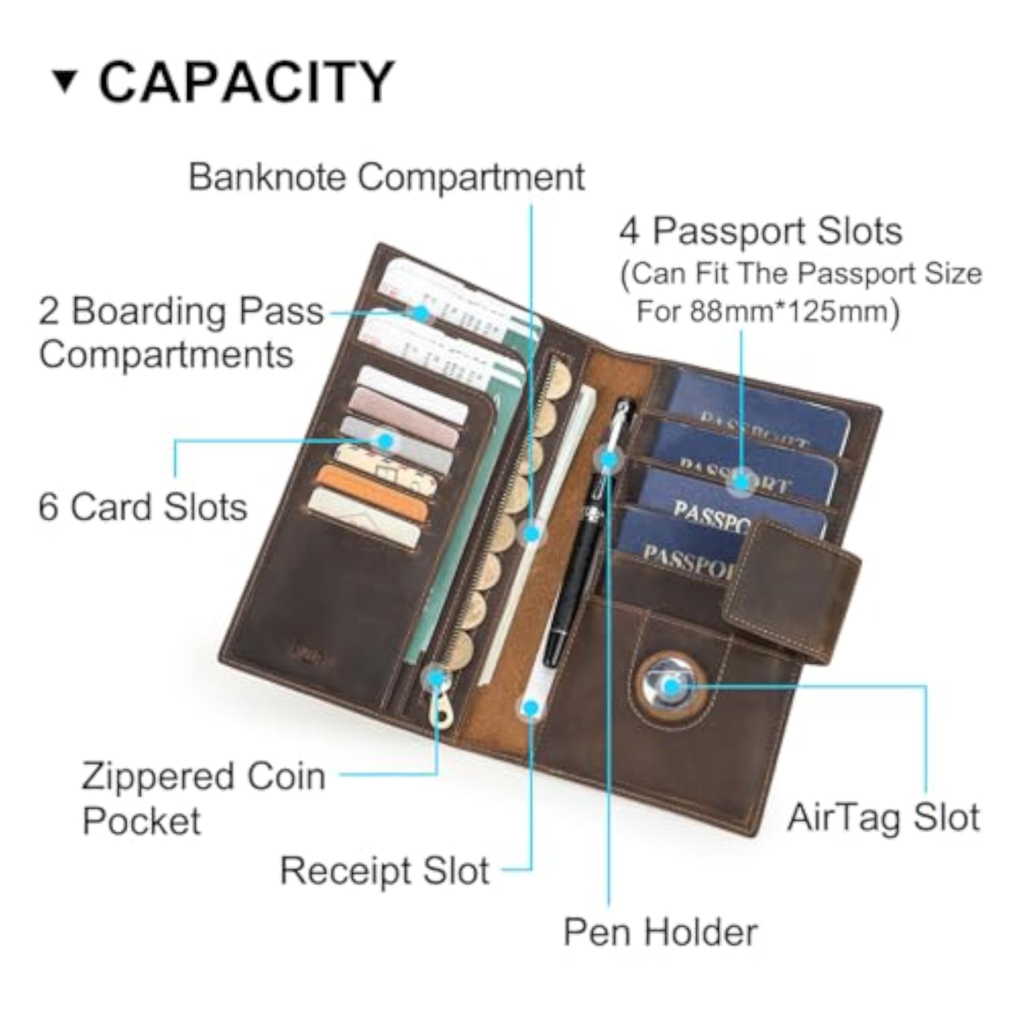 Genuine Leather Family Passport Holder for 4 Passports
