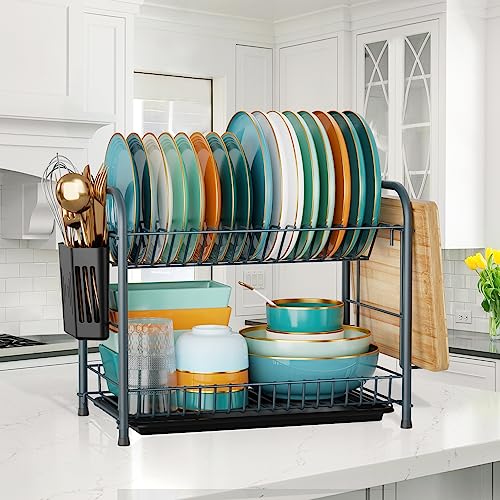Naturous Dish Drying Rack, 2 Tier Dish Rack for Kitchen Counter, Rust-Resistant Kitchen Drying Rack Dish Drainers with Drainboard,Utensil Holder and Cutting Board Holder, Gray - Thumbnail 6