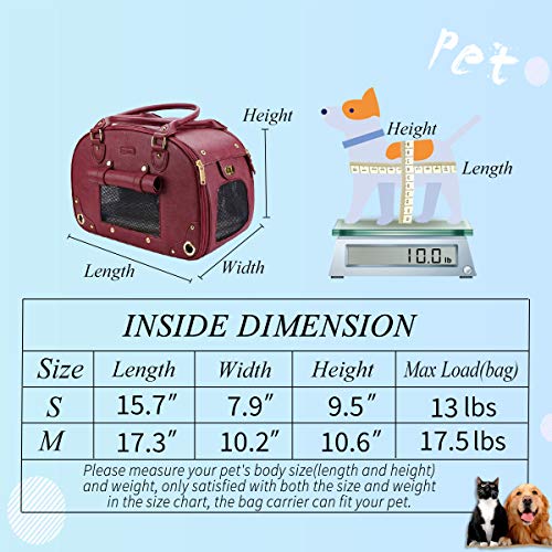 PetsHome Dog Carrier Purse, Pet Carrier, Cat Carrier, Foldable Waterproof Premium Leather Pet Travel Portable Bag Carrier for Cat and Small Dog Home& Outdoor Wine Red