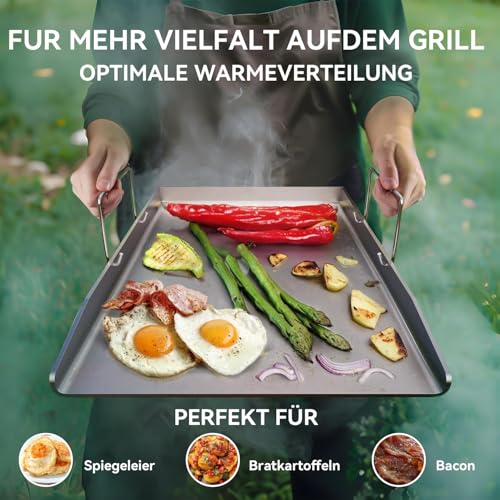 Edelstahl Grillplatte Plancha 40 x 30 x 4 cm mit 2 Grillspachteln, Abnehmbaren Griffen für Weber, Enders, Burnhard Ersatzteile Zubehör – BBQ Grillplatte für Gasgrill & Holzkohlegrill