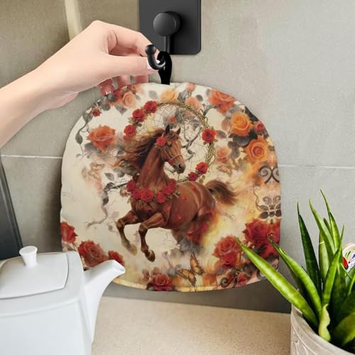 Image of Rose Brown Horse Print Tea Cozy for Teapot Insulated Large Teapot Warm Tea Kettle Cover Machine Washable Coffee Pot Cloth Covers Kitchen Home Decorations for Party