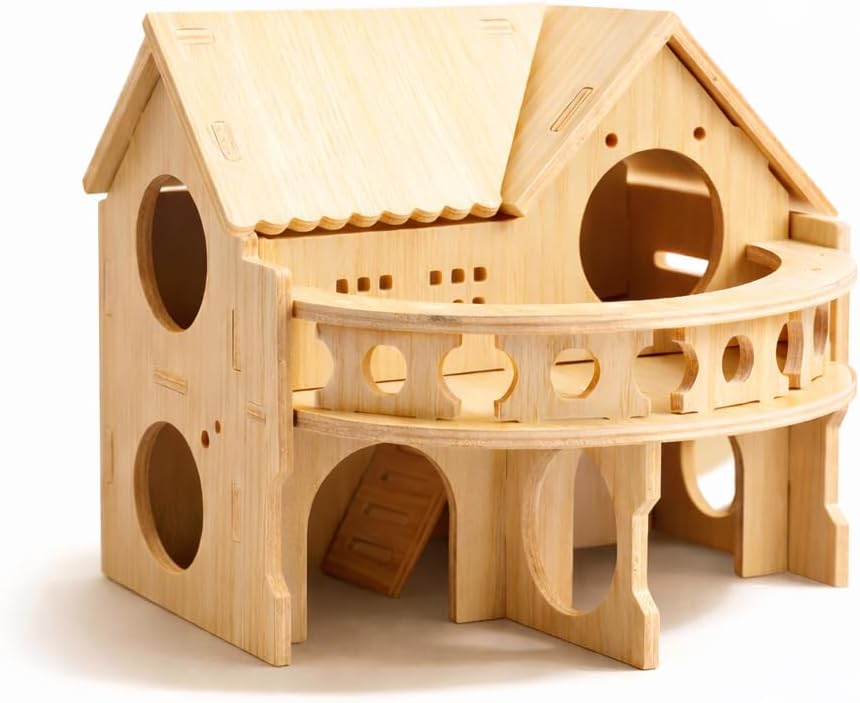 Improved Safety Large Balcony Small & Cute Wooden Hamster House with Large Balcony – Double-Decker Forest-Style Hut for Dwarf Hamsters, Mice, Gerbils, Rats & Small Pets (Compact Size Only)
