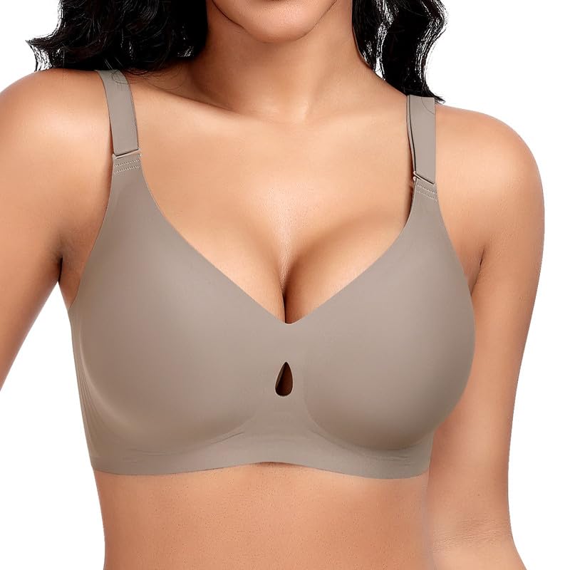 Jiuday BH Damen ohne Bügel Große Brüste Nahtloser Push Up BH Soft Bequemer Seamless Bra T Shirt Bügelloser Gepolstert Klassische Bralette (Aushöhlen Kaffee,L)
