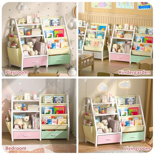 Twinkoo Kids Bookshelf and Toy Storage, Large 3 Tier Book Shelf for Kids Rooms, Sling Baby Bookcase with Stuffed Animal Storage, Toddler Montessori Bookshelf (Pink&Green, 2 Column) - Image 7