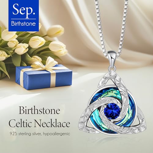 Distance Celtic Birthstone Necklace for Women, S925 Sterling Silver Trinity Knot Triquetra Austria Crystal Pendant, Birthstone Necklace Birthday Anniversary Jewelry Irish Scottish Gifts for Her2