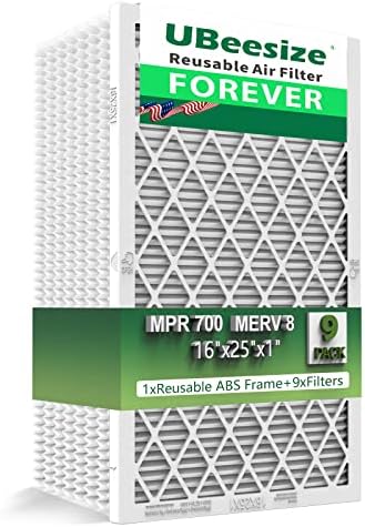 UBeesize 16x25x1 Reusable Air Filter (9-Pack) - MERV 8 MPR 700 HVAC AC Furnace Air Filters (Actual Size:15.75" x 24.50" x 0.75") - 1x Reusable ABS Frame+9 x Filter,Breathe Fresher