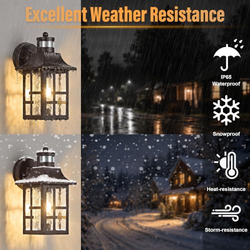 Image of OKELI Outdoor Wall Lights with Motion Sensor, Exterior Waterproof Lantern, Front Porch Sconce Lighting with Water Ripple Glass Shade, Anti-Rust Wall Lamps Outside Lights for Garage (Brown-2pack)
