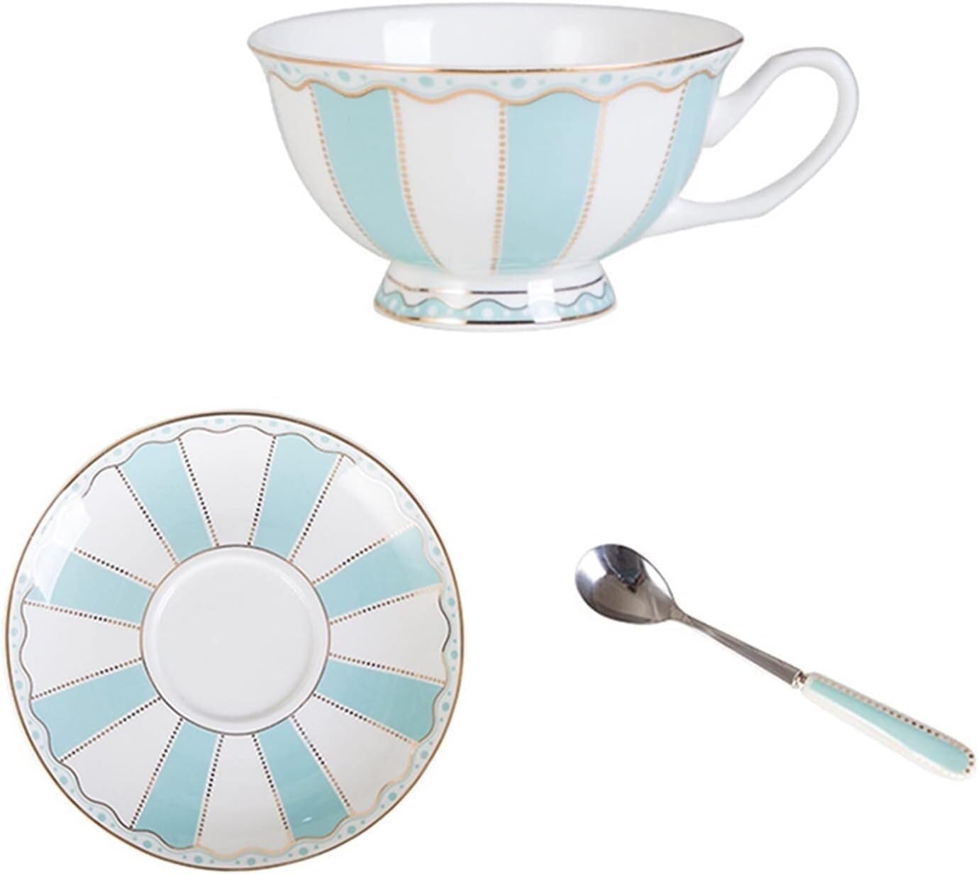 Handmade Mug Bone Cup and Saucer Set with Spoon Porcelain Coffee Cup Set White and Blue Teacup Set