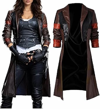 Women Halloween Cosplay Movie Costume Faux Leather Long Jacket - Knee Length Maroon & Brown Leather Trench Coat for Women