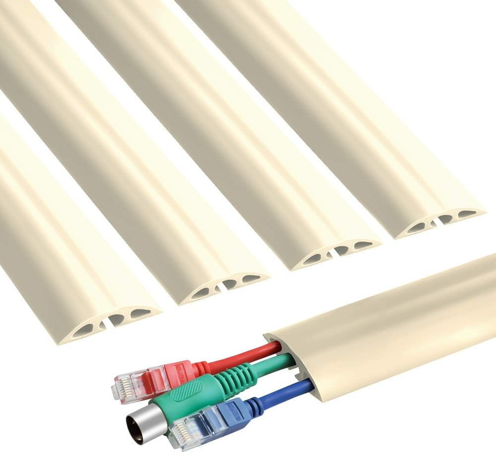 6.5 ft Floor Cable Cover - Straight Cord Protector - Durable Low Profile PVC Duct - Flexible 3 Channel Wire Cover in Workshop, Concerts, Office Home Doorway, 5X L15.6in W2in H0.5in, Beige