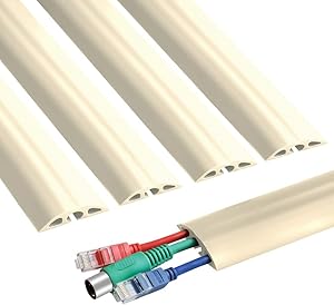 6.5 ft Floor Cable Cover - Straight Cord Protector - Durable Low Profile PVC Duct - Flexible 3 Channel Wire Cover in Workshop, Concerts, Office Home Doorway, 5X L15.6in W2in H0.5in, Beige
