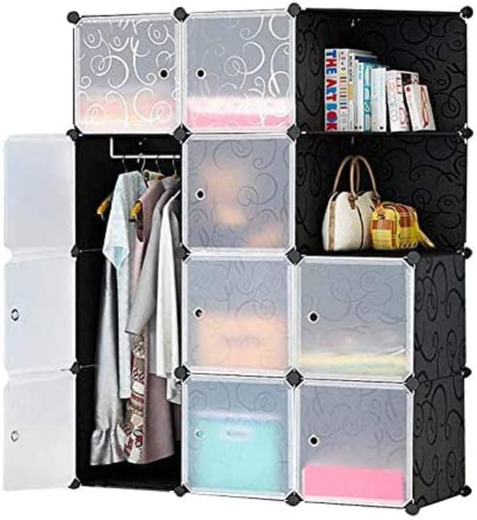 Image of Plastic Wardrobe for Kids Clothes - Durable, Easy to Use Anti-Skid & Non-Slip Effective Professional Collapsible Wardrobe, Plastic Cupboard for Kids, Foldable Almirah (Black HL1, 12 Door)