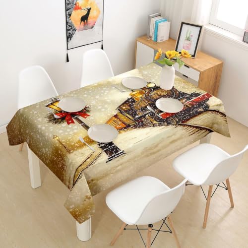 Castle Fairy Vintage Train Tablecloths,Snowy Railway Table Cloth,Red Bow Wreath Table Accessories for Kitchen Dining Room Decor,Festive Street Lamp Dining-Table Cover,55"x71"