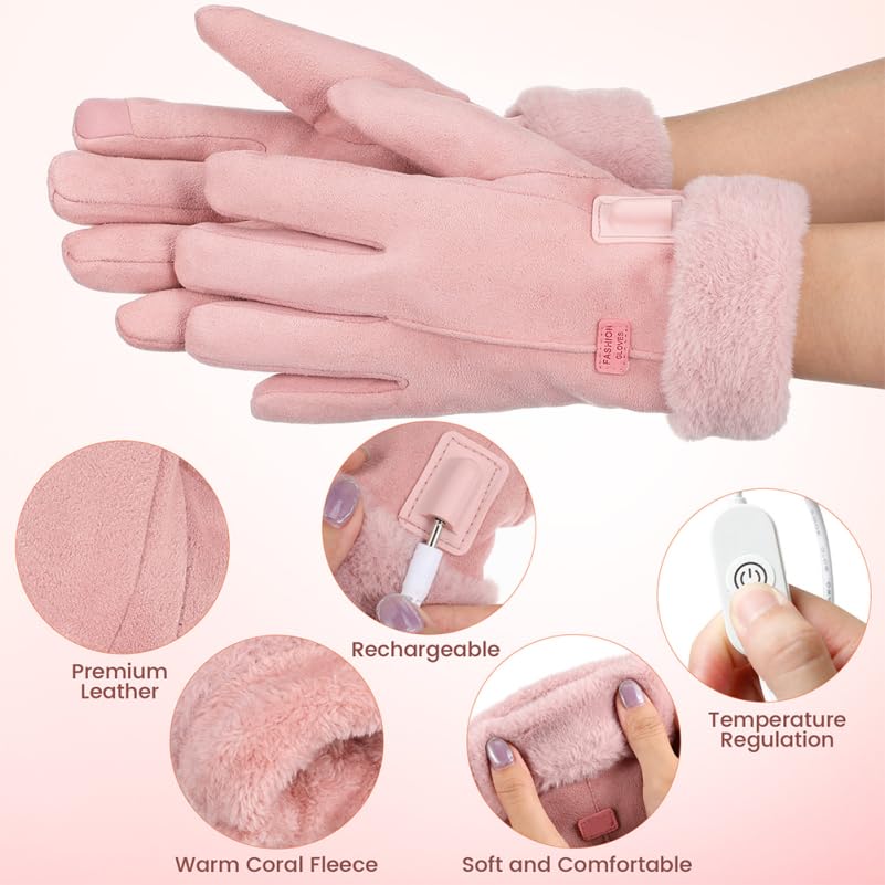 Guantes calefactables mujer rosa con USB impermeables para moto y esquí 3