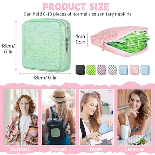 Image of Sanitary Napkin Storage Bag Polyester Fabric Period Bag for Teen Girls Sanitary Pad Pouch for Sanitary Napkins /Tampons /Panty Liners Privacy Protector Pad Bag (Bubble-Check, Pink)