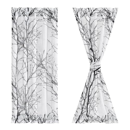 Image of FMFUNCTEX Semi-Sheer French Door Curtains - 40 Inch Long White and Black Print Branch Tree Half Panel for Front Glass Door - 50 Inch Wide