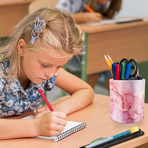 Image of Pen Holder for Women Girls, Pencil Cup Pink Desk Decor, Makeup Brush Holder Large Pu Leather Multi-Functional Organizer Cup for Office, Classroom, Home, Red Marble