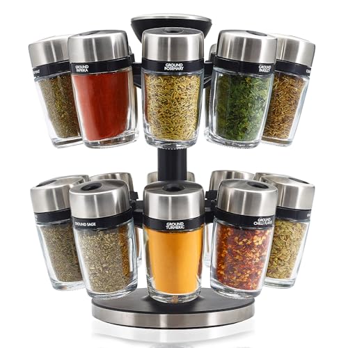 Cole & Mason Cambridge 20 Glass Rotating Spice Rack, Spice and Herb Organiser/Storage, Glass Spice Jars with Labels, Herbs and Spices Included