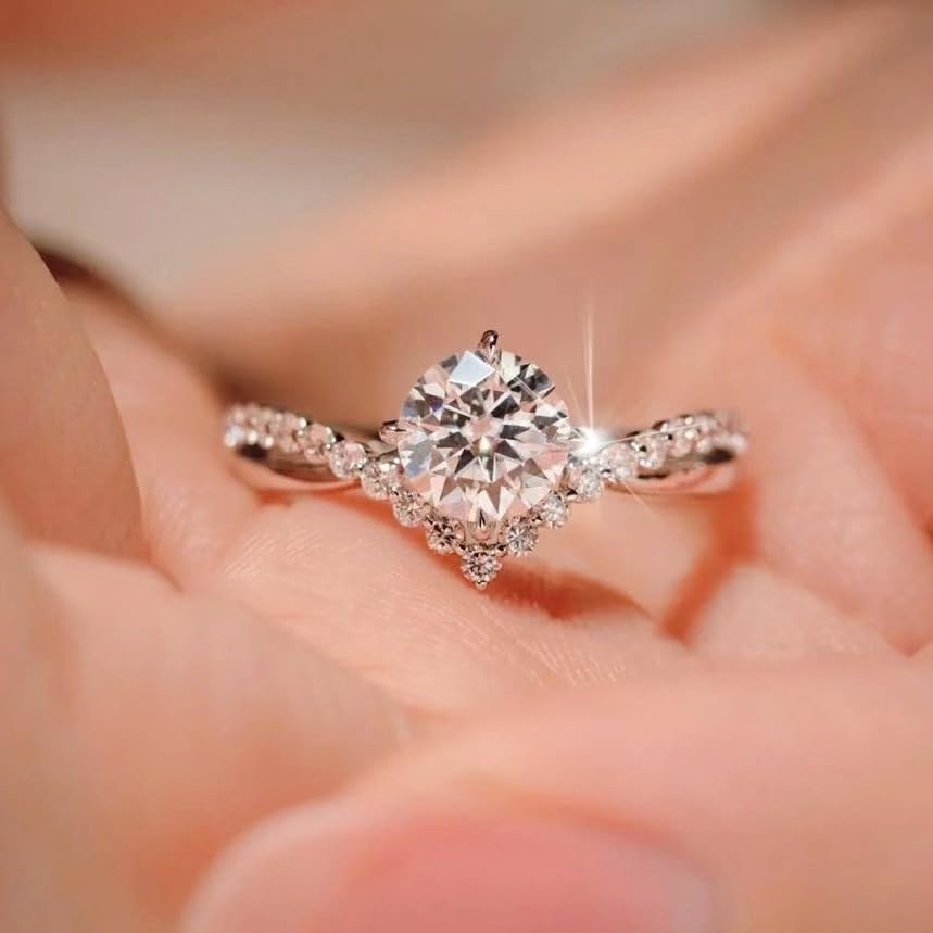 Crown-Inspired Moissanite Engagement Ring for Women, 4-Prong Solitaire with Pave Accents, Silver-Tone Adjustable Band4