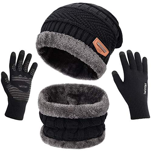Petrunup Gorros Circulares Bufanda y Guantes Establecidos Señoras de Los Hombres Pantalla Táctil Guantes Cuello Slouch Beanie,Negro